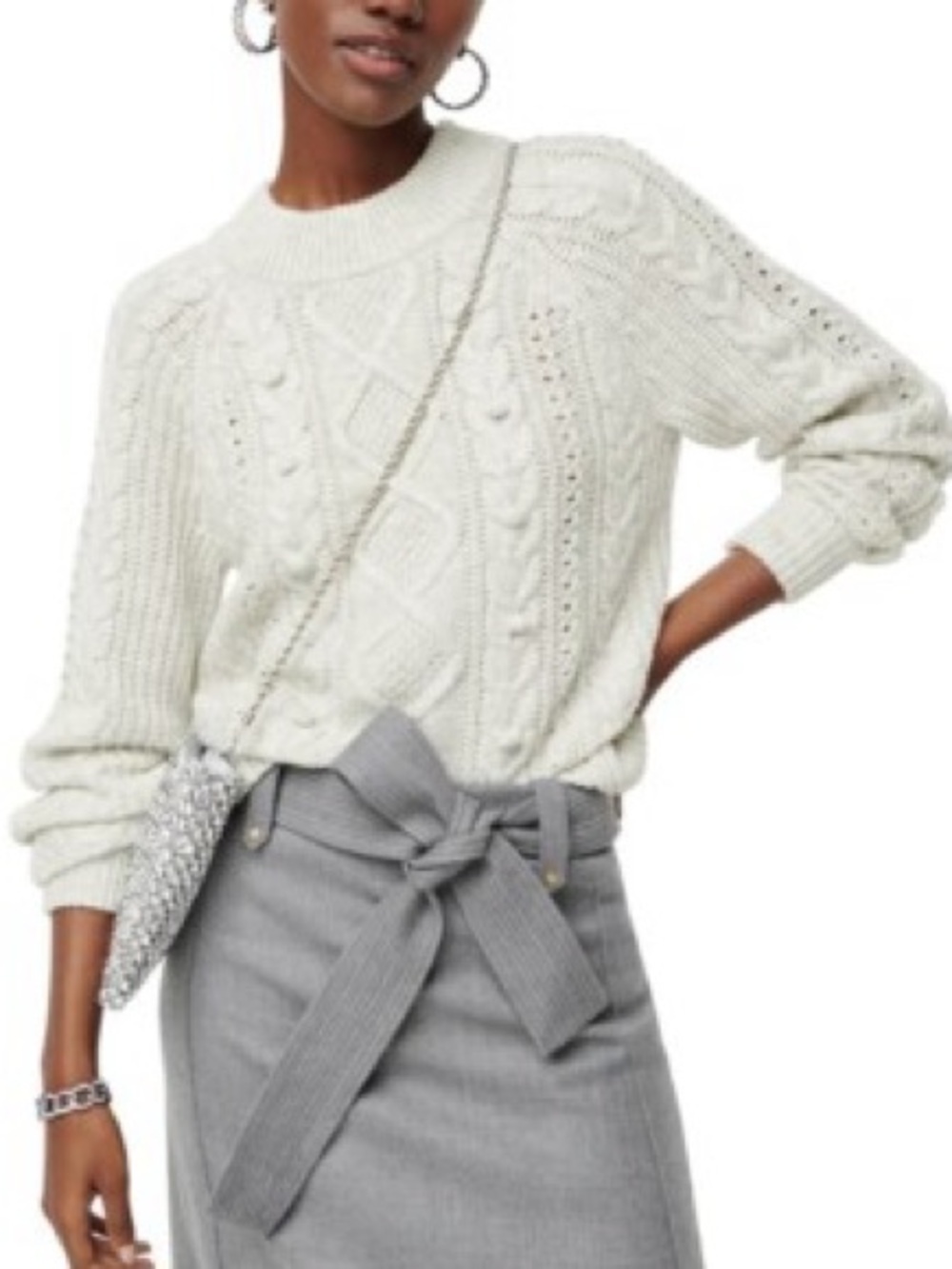 J Crew Pom-Pom Cable Knit Sweater In Grey XL Extra Large Lambswool Blend Classic